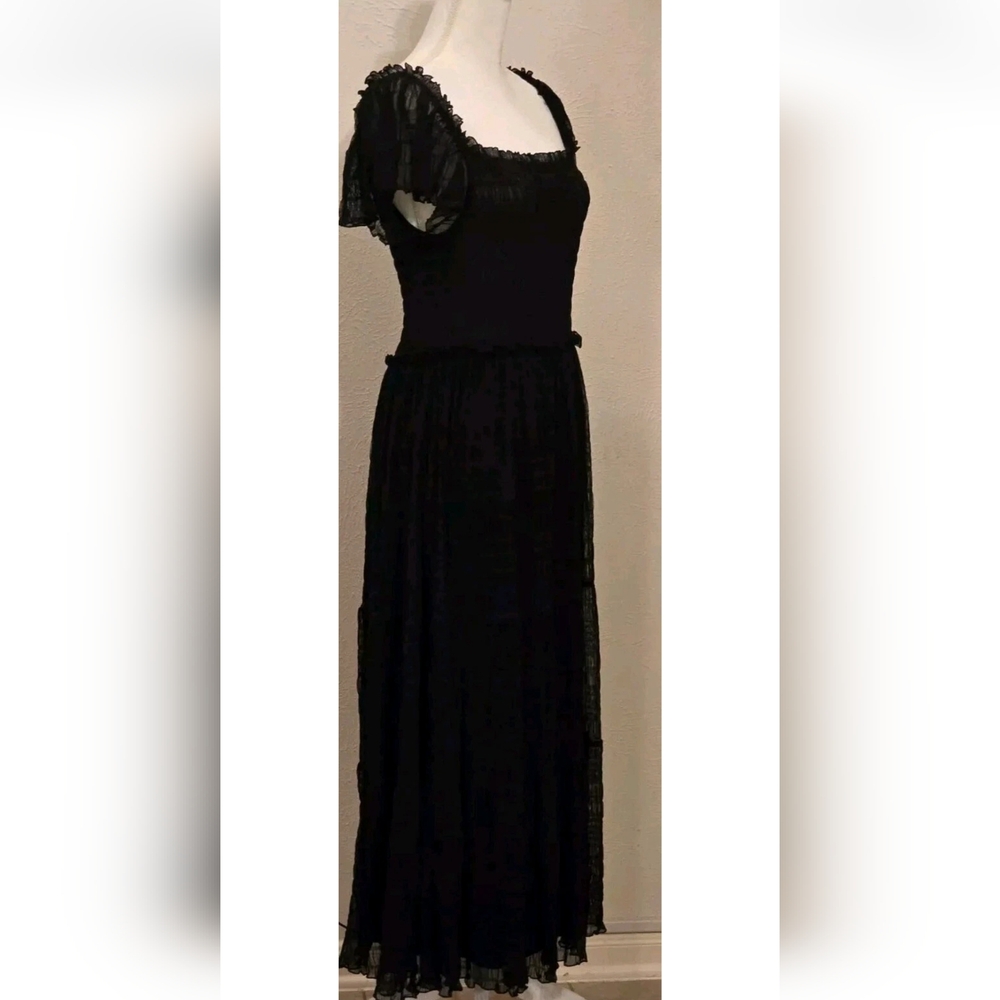 Black Smocked Midi Dress Flutter Sleeve Romantic Whimsigoth Max Studio NWT - Picture 8 of 16